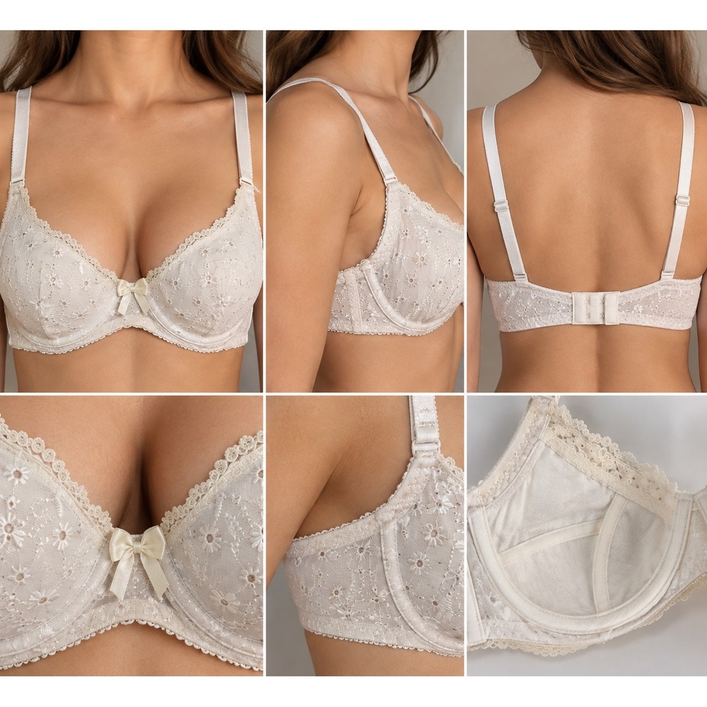 Vintage Isadora Paccini 36C White Floral Embroidered Underwire Bra Y2K Coquette